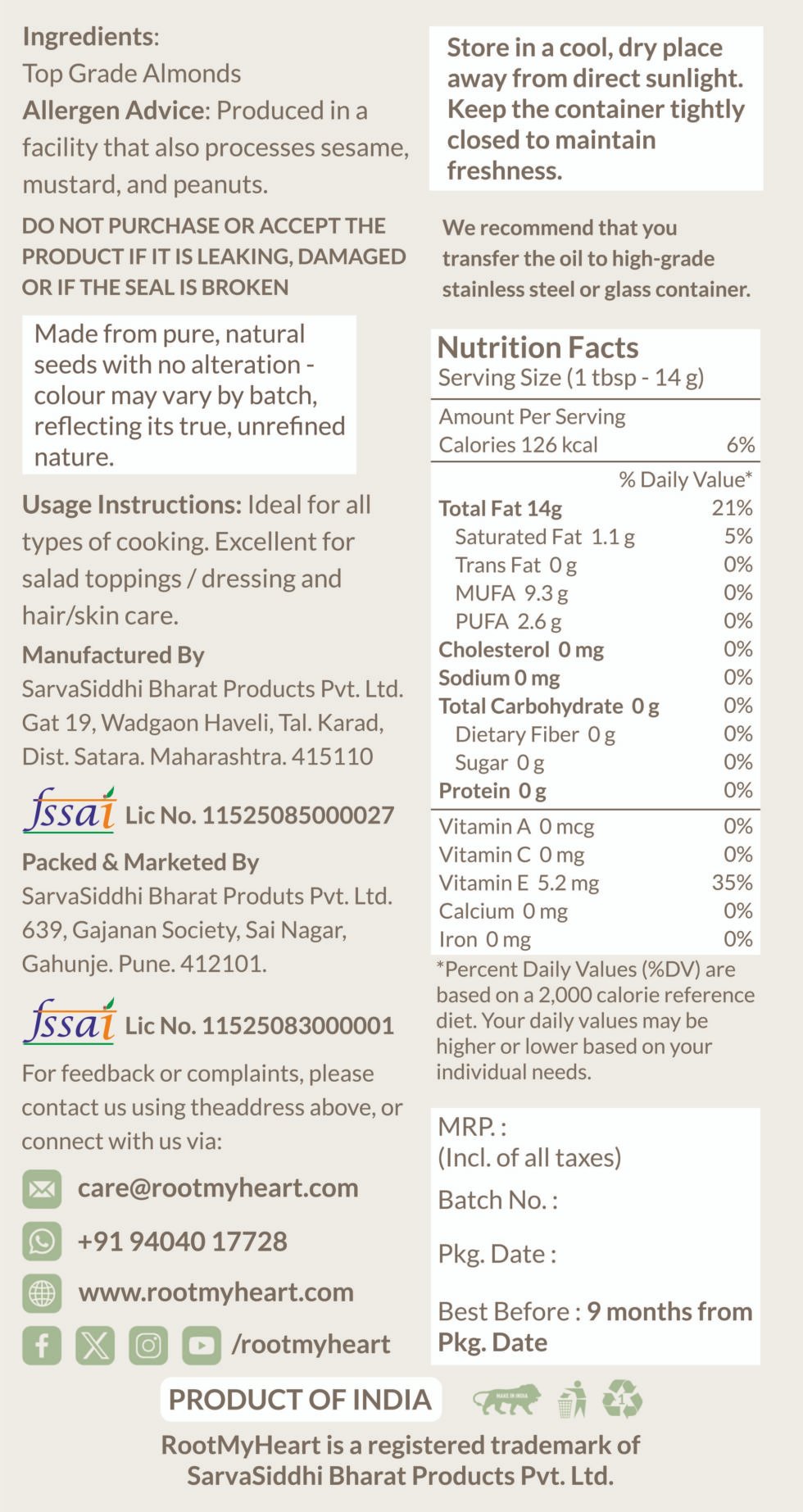 Unrefined Almond Wood Pressed Oil – Nourishing & Multipurpose Use and Nutrients Facts