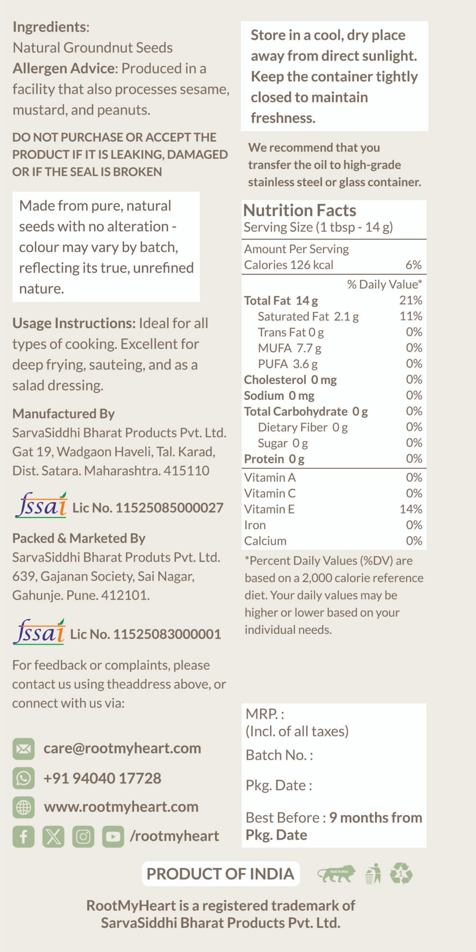 Groundnut Oil - RootMyHeart Instructions and Nutrition Facts